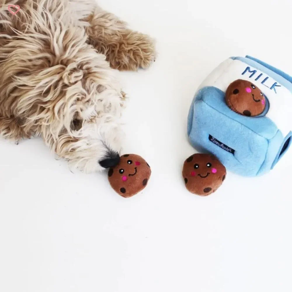 Zippy Paw Milk and Cookies Blue White Brown Interactive Puzzle Plush Dog Toy